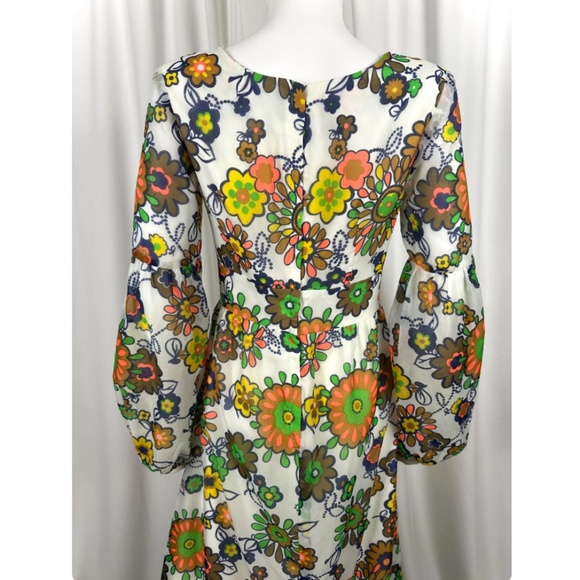 Vintage 1960’s Floral Printed Chiffon Maxi Dress - Peasant Sleeve Gown - Small - Picture 8 of 10
